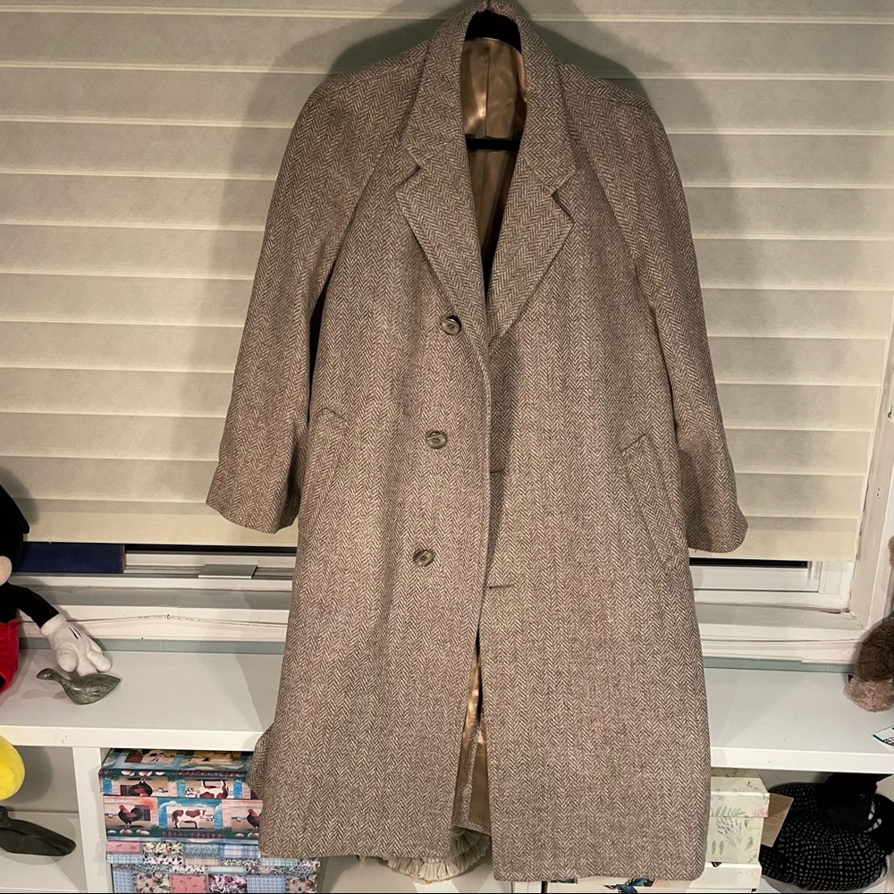 Vintage wool oversized herringbone patterned single breasted long coat